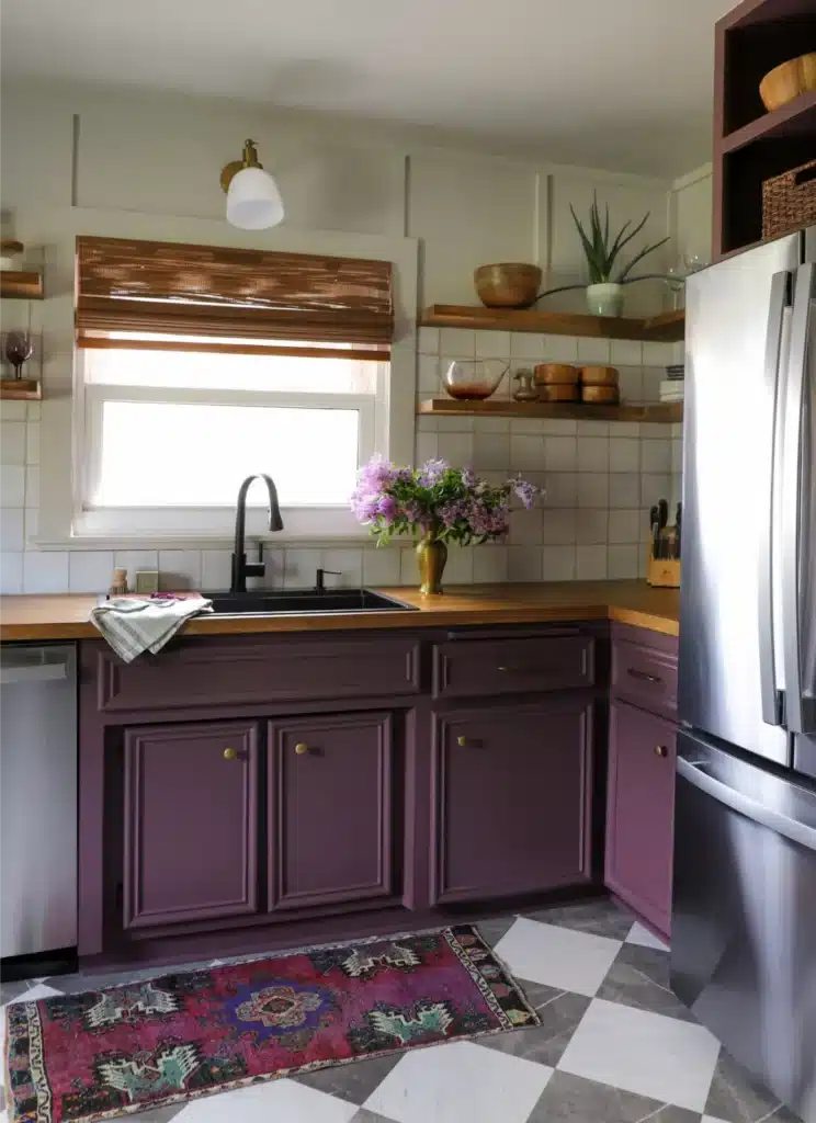 colorful purple kitchen cabinets in a small kitchen remodel project